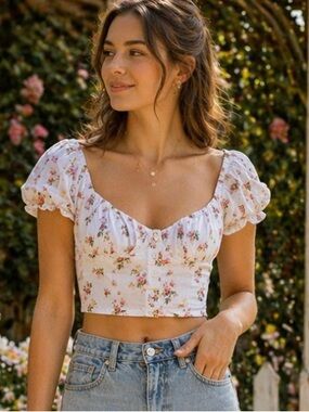 Polly White Floral Puff Sleeve Crop Top Size 2 Cottagecore Coquette Button Front